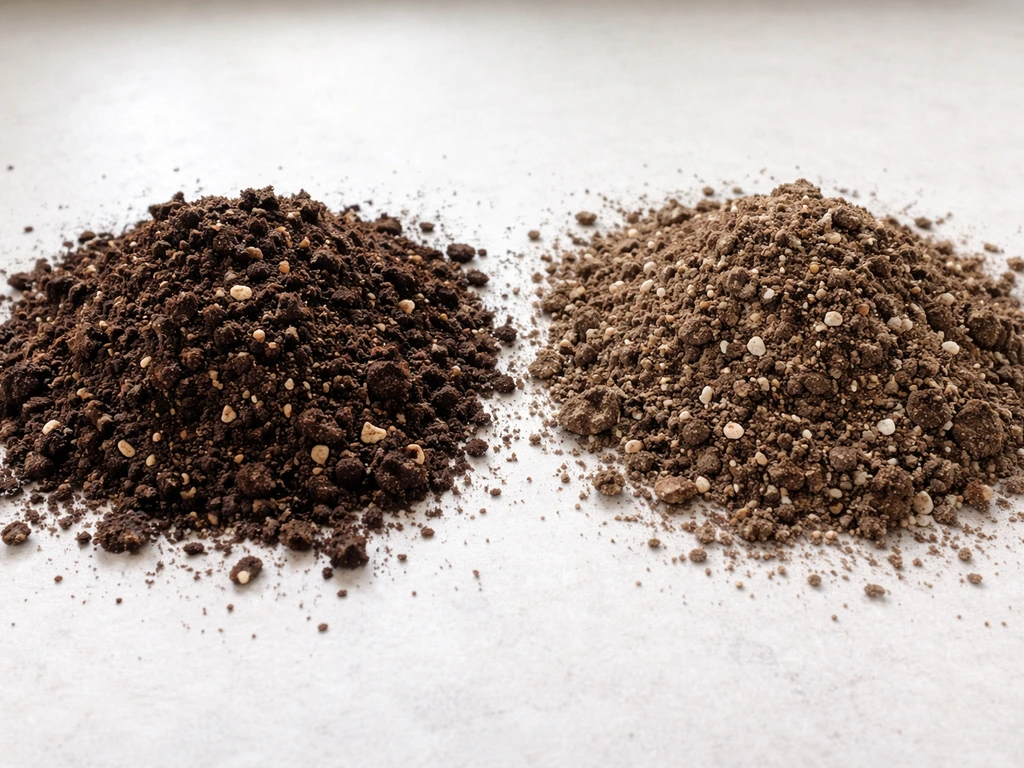 Two small piles of loose crumbly potting mix: darker compost-heavy blend vs lighter mix for heavy feeders.