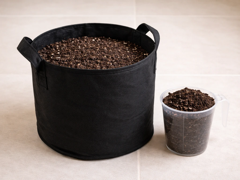 Measuring cup beside a grow bag filled with soil to about 90%, leaving a couple inches at the top