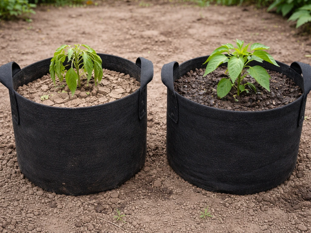 Two fabric grow bags side by side: one dry, stressed plants; one moist, healthy growth.