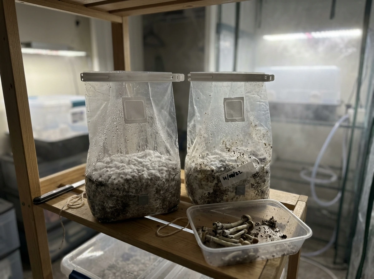 Two sealed mushroom grow bags after harvest, with harvested stems and visible healthy mycelium