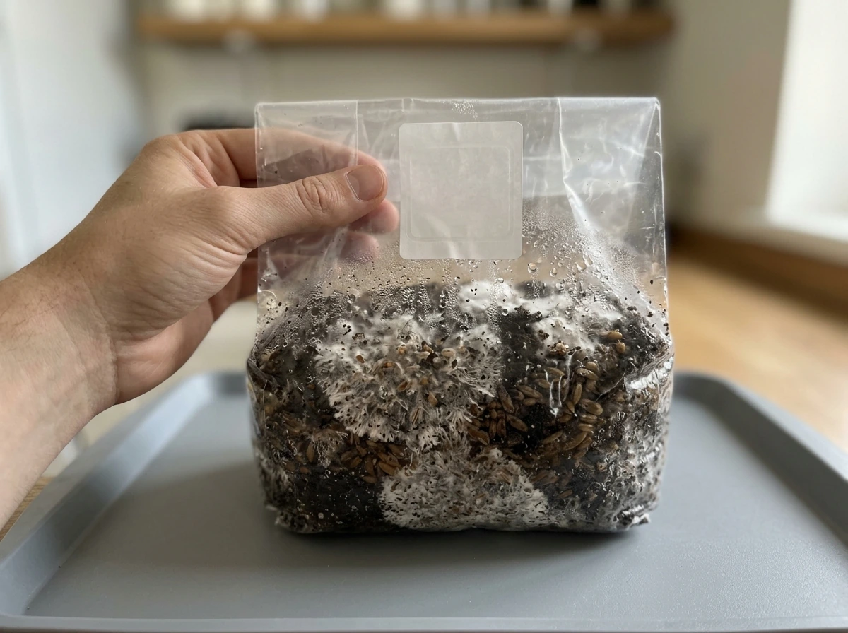 All-in-one inoculated mushroom grow bag with colonized substrate block