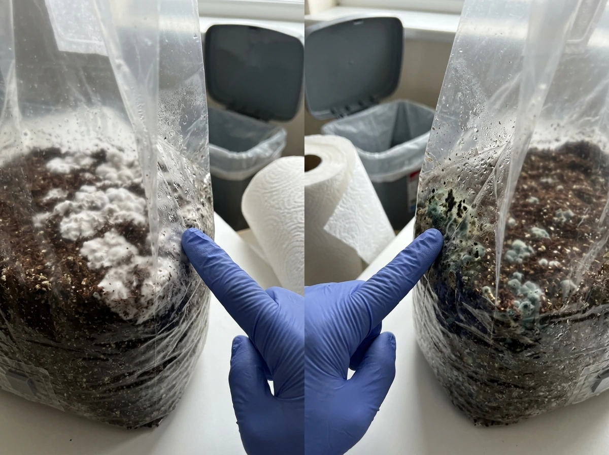 Decision check: clean earthy smell and healthy white mycelium vs contamination colors