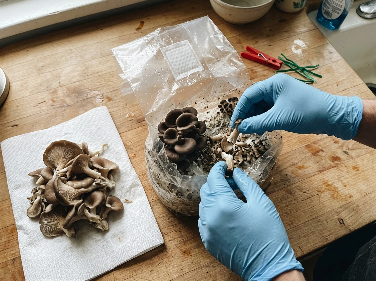 Spent mushrooms removed and bag resealed immediately after harvest