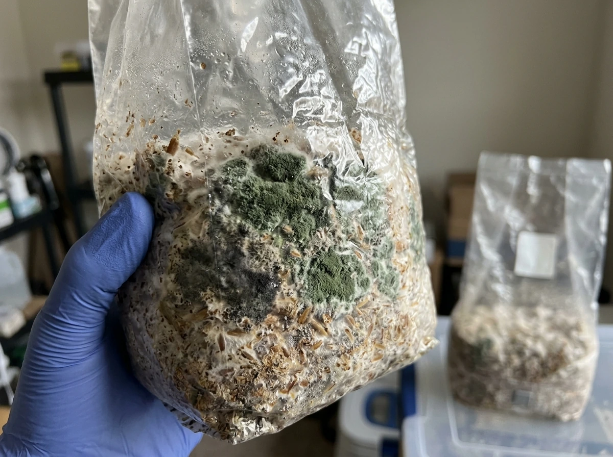 Visible mold spots: green and black contamination spreading on surface