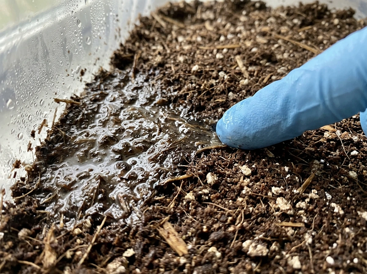 Wet, slimy rot area on substrate after reuse; water beads and pooling