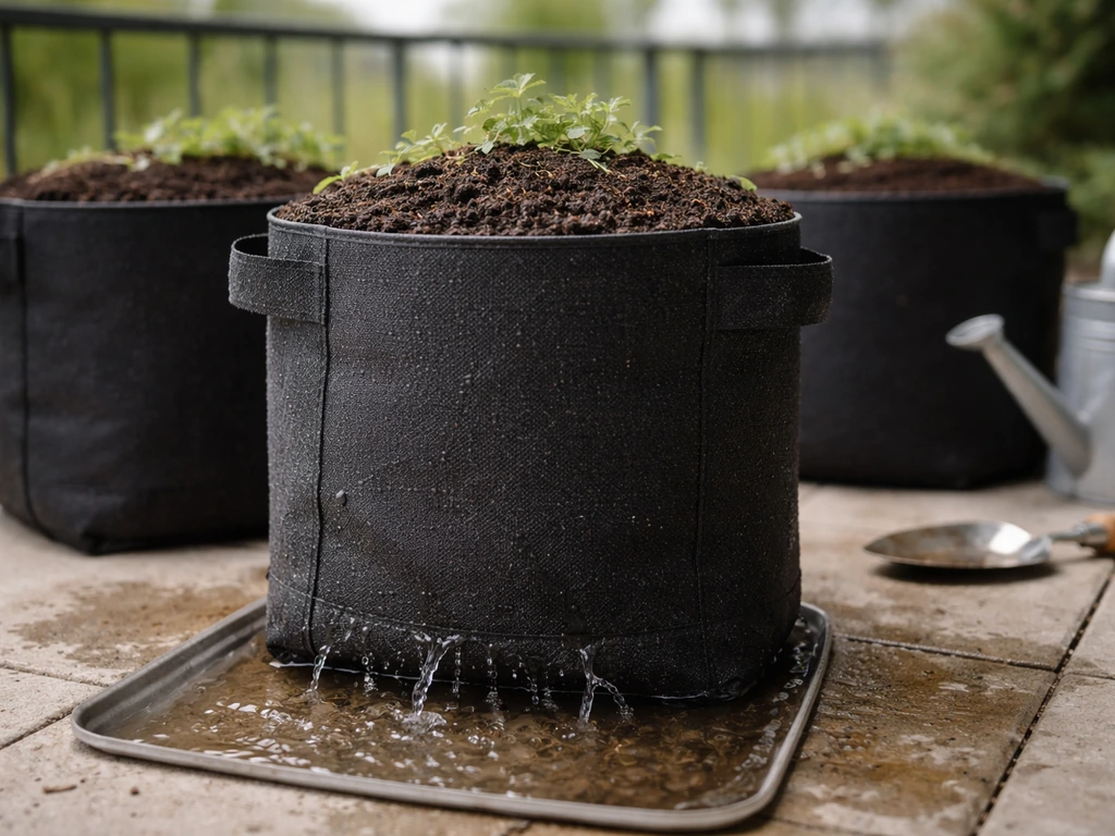 Fabric grow bags on a balcony patio with soil and water draining from the bottom