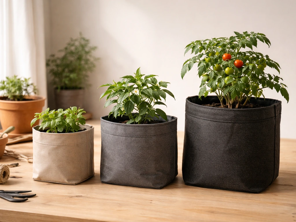 Unlabeled grow bags of different sizes with small herb, pepper, and tomato plants on a potting table.