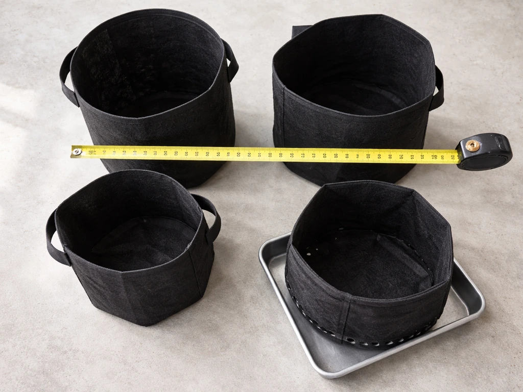 Top-down close-up measuring tape beside several grow bags of different sizes and fabric thicknesses.