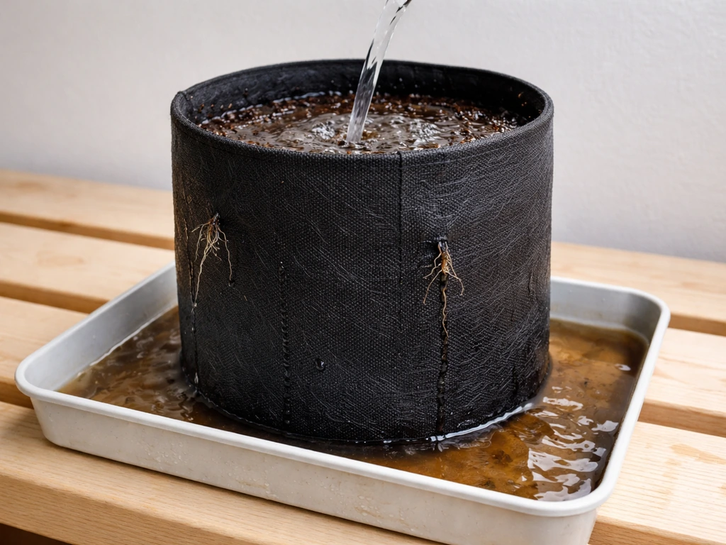 Water poured into a fabric grow bag; runoff seeps through fabric into a catch tray with roots visible.