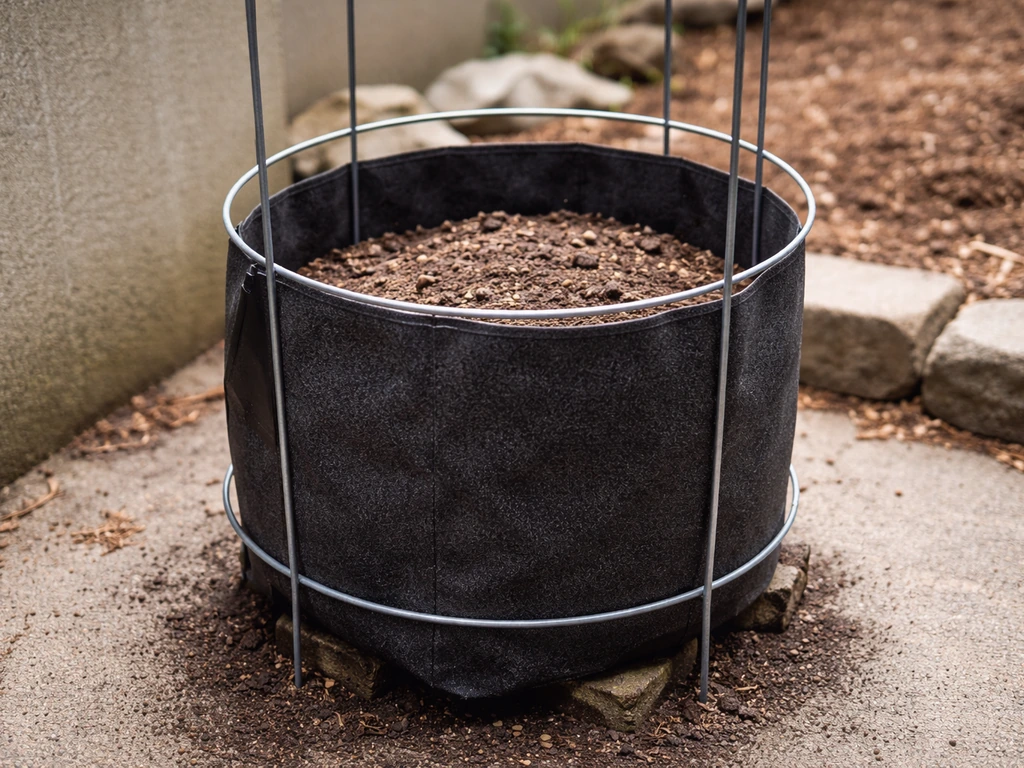 Fabric grow bag inside a wire cage, supported upright with dry soil near the base outdoors.