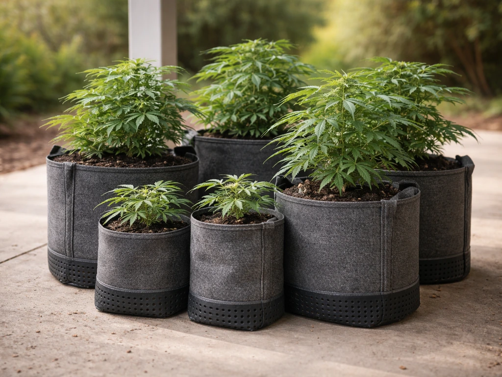 Assorted fabric grow bags of different sizes outdoors with healthy cannabis plants, showing breathable air-pruning fabri