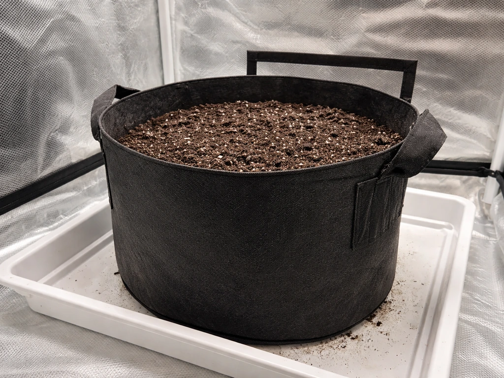 Heavy-duty fabric grow pot inside an indoor grow tent with potting soil and a drainage setup.