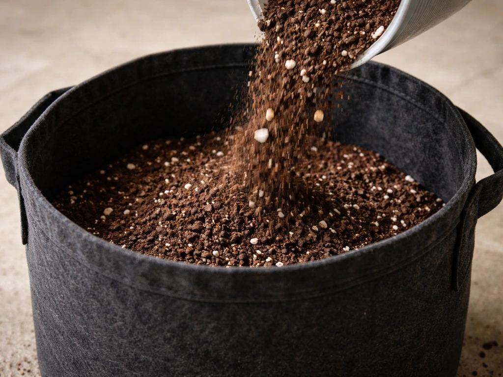 Airy soil and perlite mix being poured into a fabric grow bag for gardening