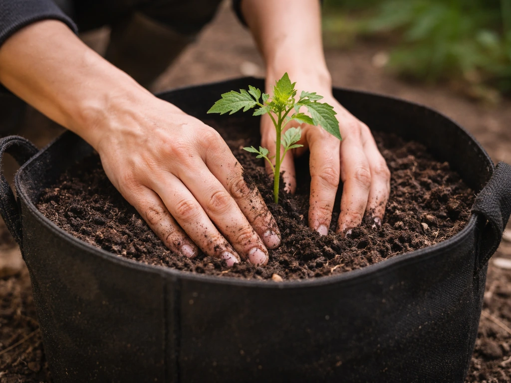 Hands placing a seedling root ball into a fabric grow bag, gently filling and pressing soil around it.