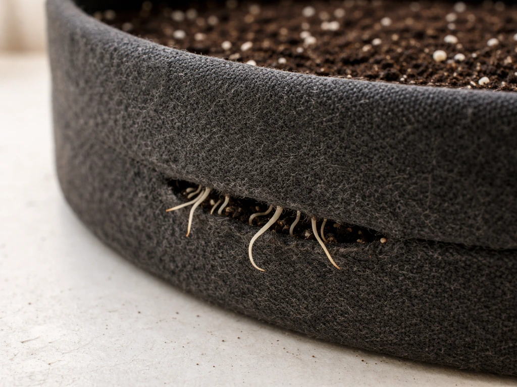 Close-up of a fabric grow bag with small roots visible near the fabric wall, showing air-pruning effect.