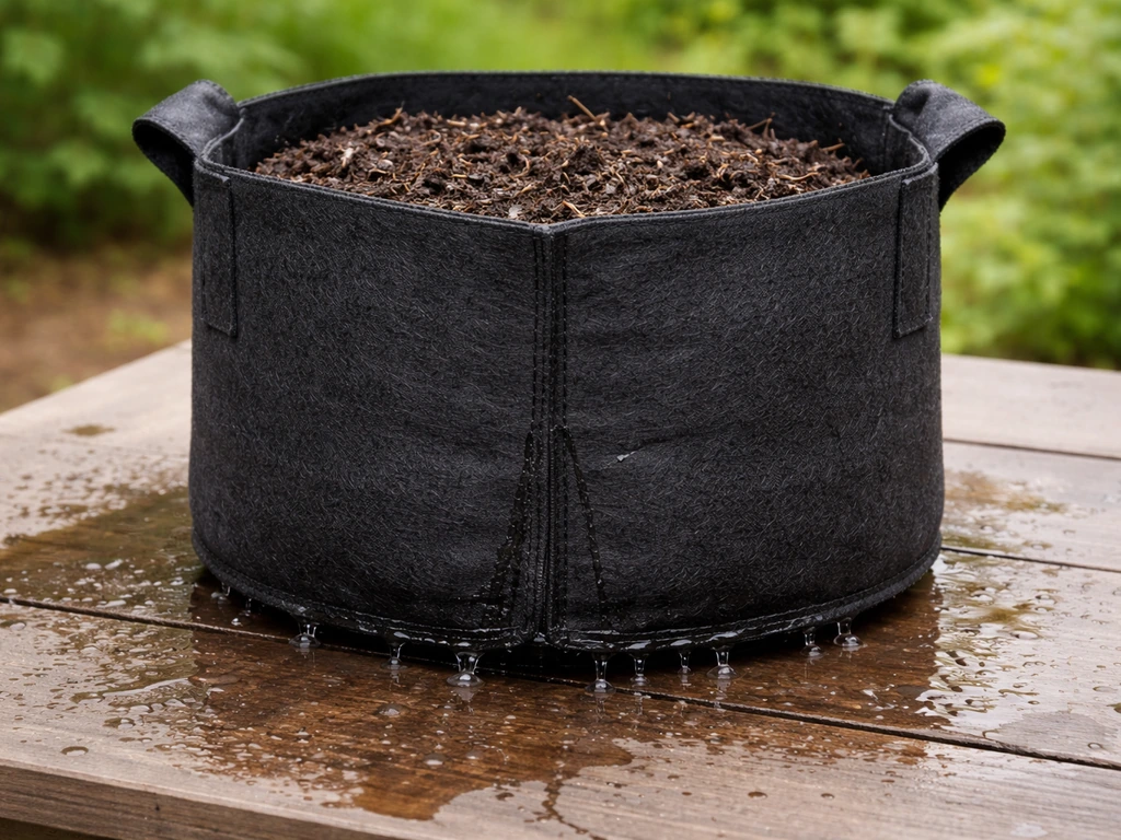 Close-up of a fabric grow bag with water seeping from the sides and bottom onto a raised surface.