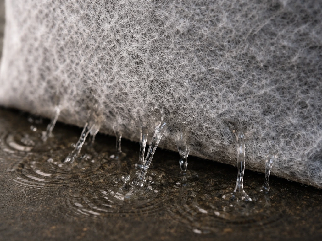 Close-up of a non-woven grow bag fabric texture with water flowing outward and downward through the material.