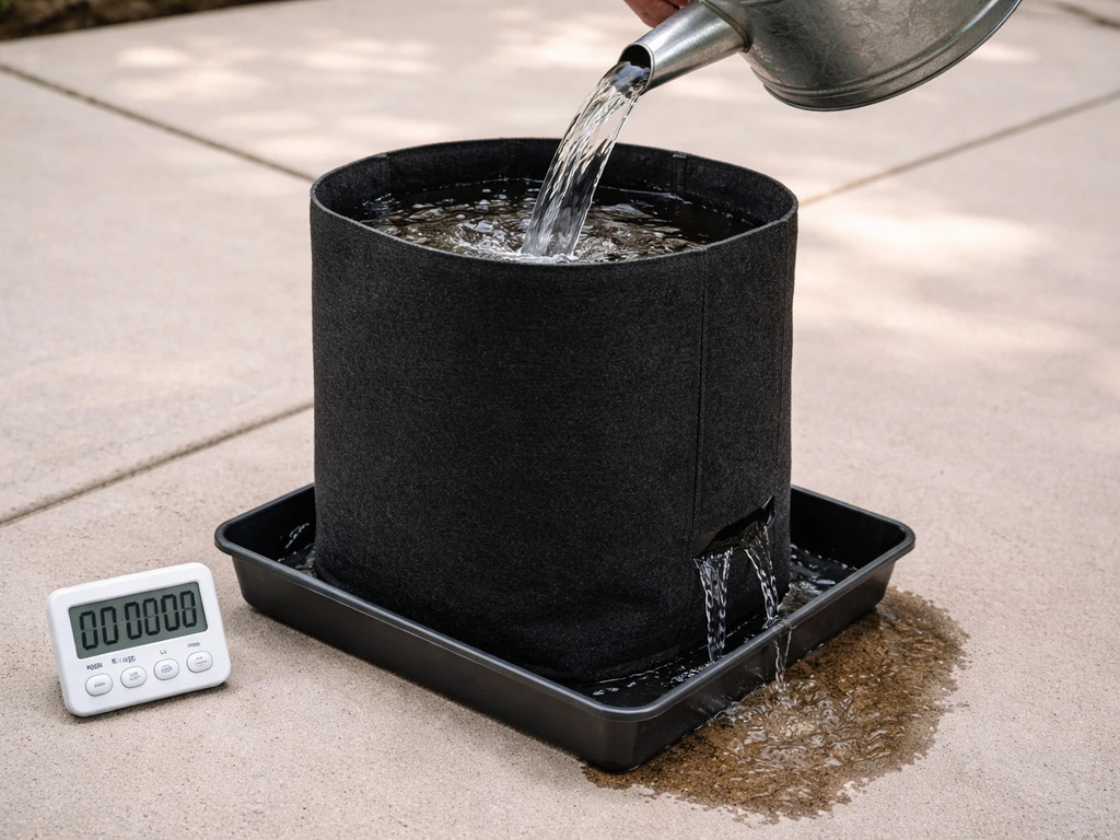 Grow bag being slowly watered with timer visible as water drains from base and sides