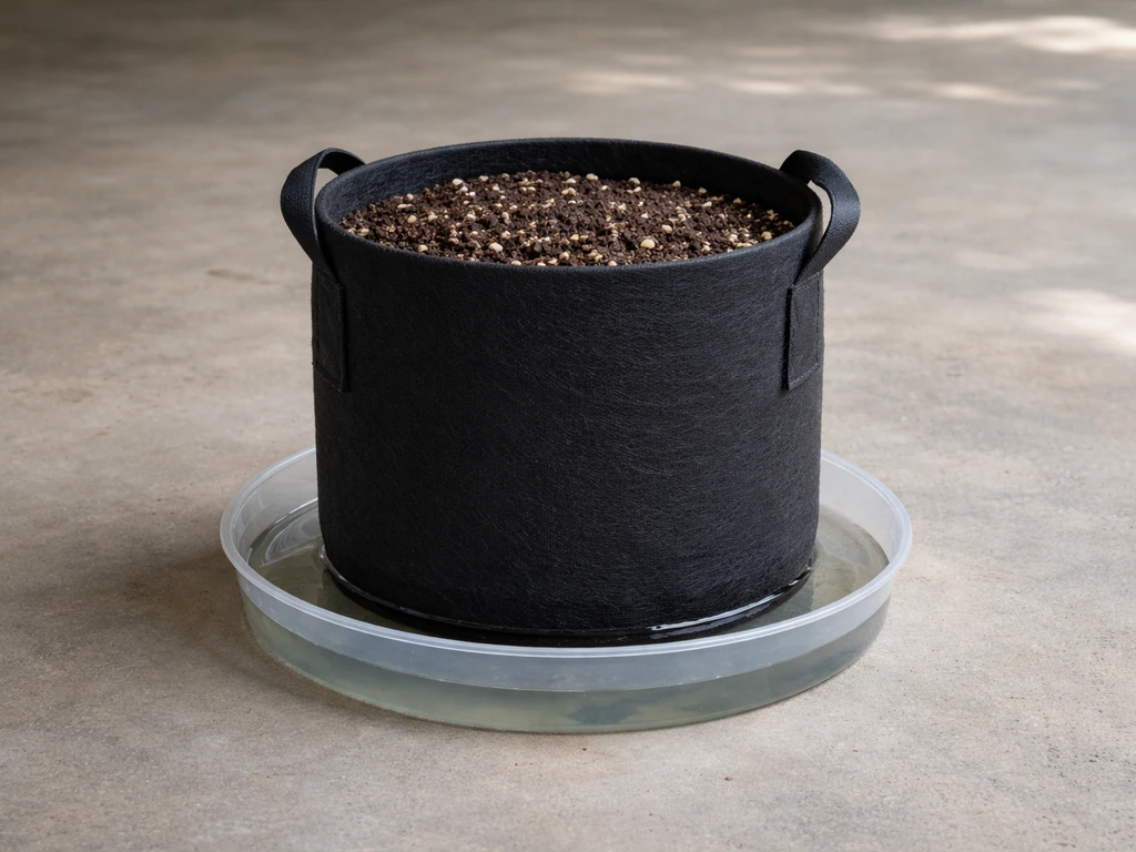 Fabric grow bag sitting on a water-filled tray with standing water visible underneath the base.