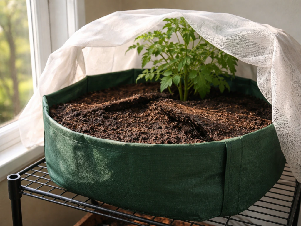 Green grow bag on an elevated stand with the top of the soil loosened for drying in indirect light.