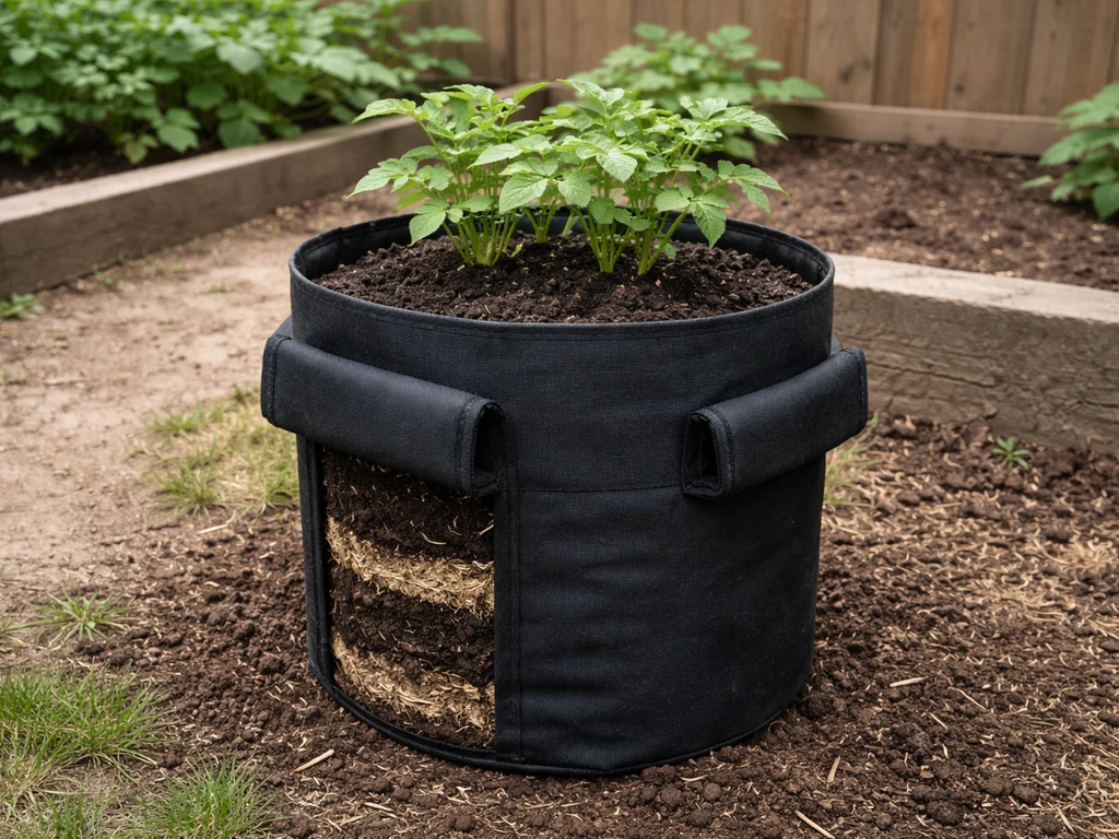 Tall potato tower bag mid-growth with fold-down sides open and soil added for progressive hilling.