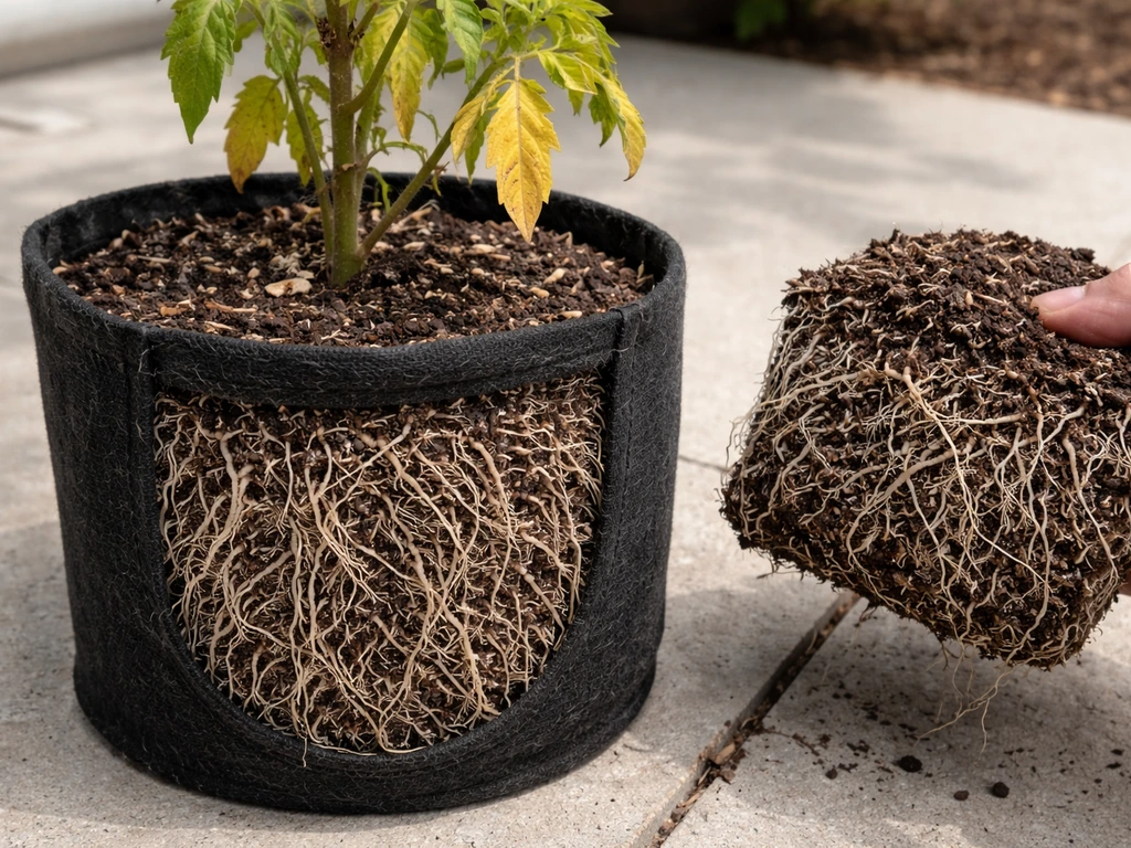 Close-up of a plant in an air-pruning grow bag showing dense, root-bound growth at transplanting time