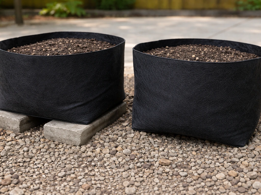 Fabric grow bags on patio blocks and gravel with airflow underneath to prevent roots escaping.