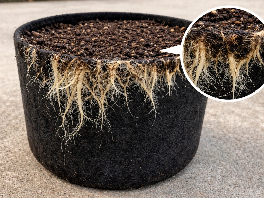 White cream healthy roots visible at the rim of an air-pruning fabric grow bag with dark unhealthy discoloration inset.