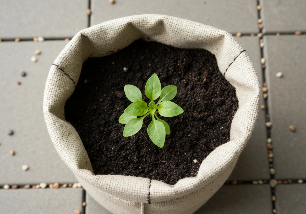 Top-down view of a fabric grow bag in a patio garden with soil and a small green plant.