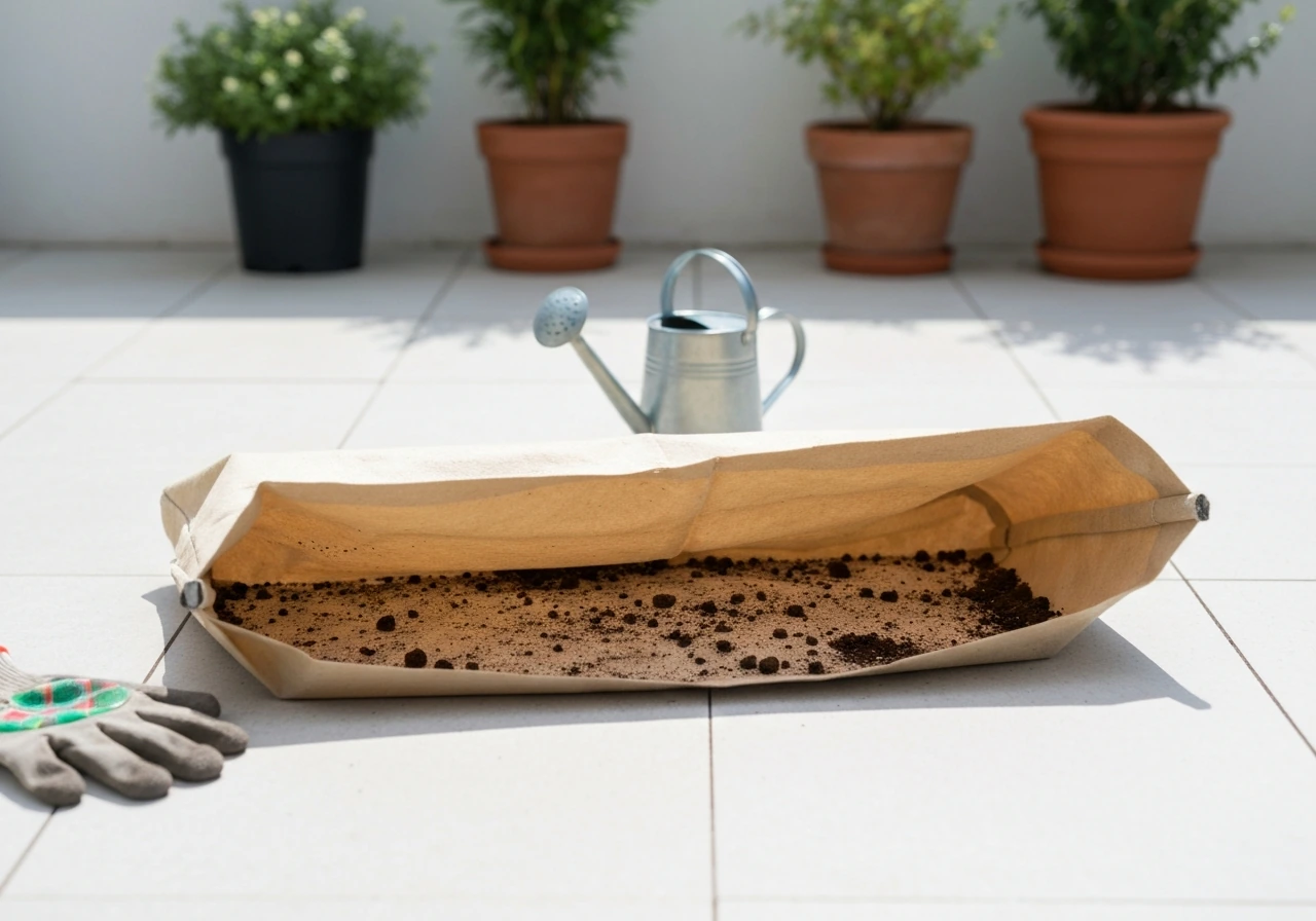 Emptied fabric grow bag laid open on a patio beside a small watering can, ready to clean and reuse
