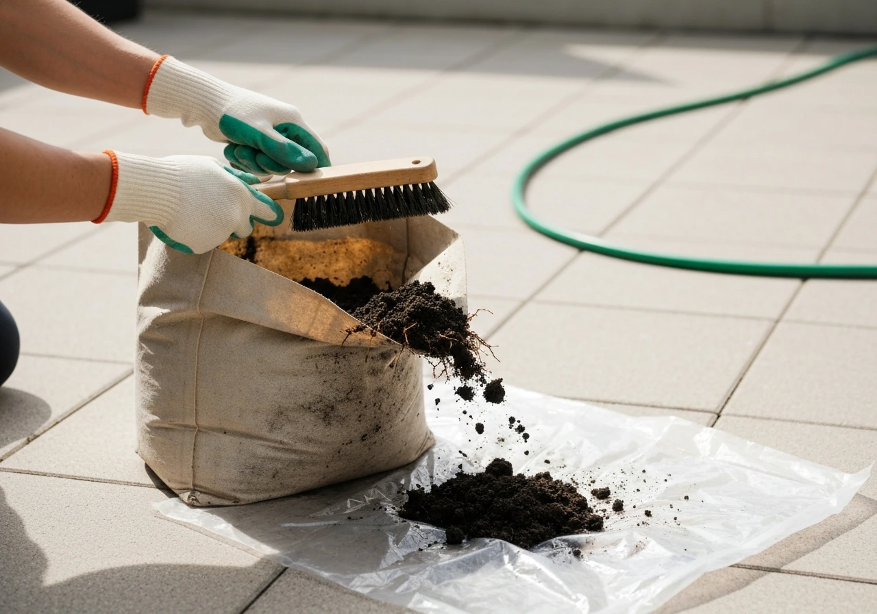Gloved hands scrub and shake out a used fabric grow bag on a patio with soil debris visible.