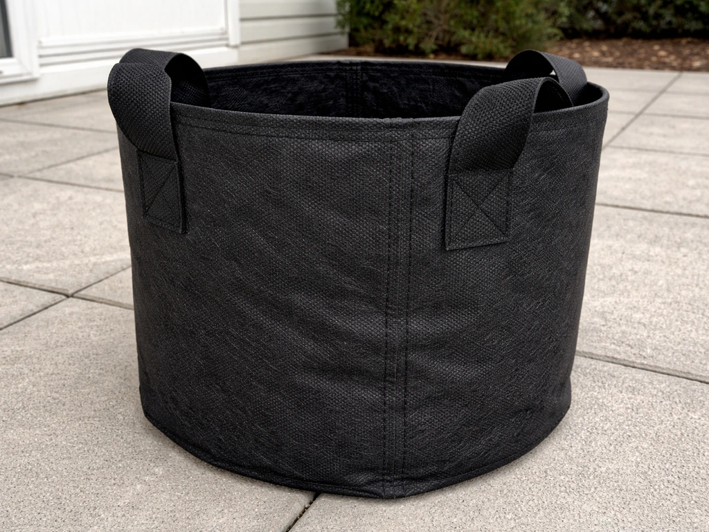 Thick reinforced UV-treated grow bag with sturdy handles and visible double-stitched seams on a garden floor