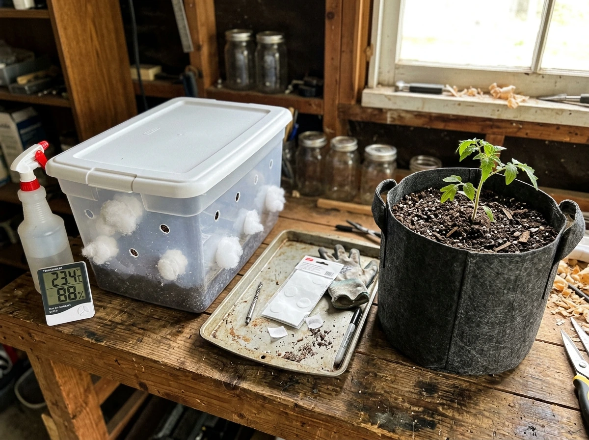 Split view of a modified monotub and a fabric grow bag with starter supplies.