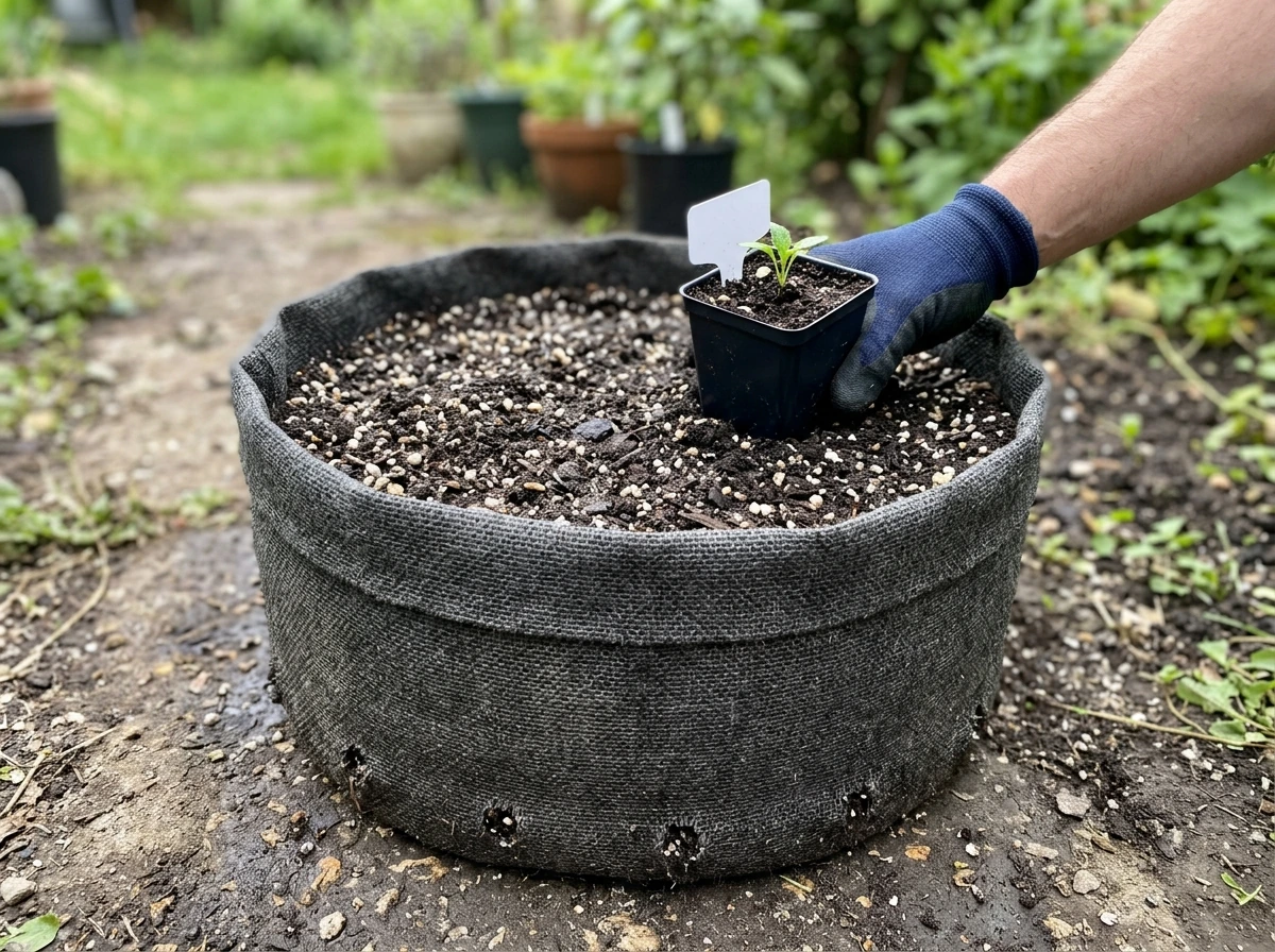 Fabric grow bag filled with substrate for container planting