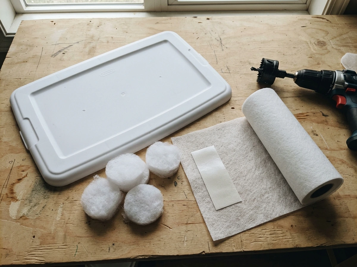 Monotub filter media and lid components laid out