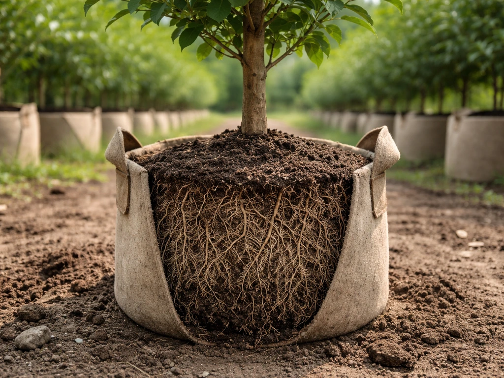 Young tree in a fabric grow bag with fibrous root-ball texture in an outdoor nursery setting.