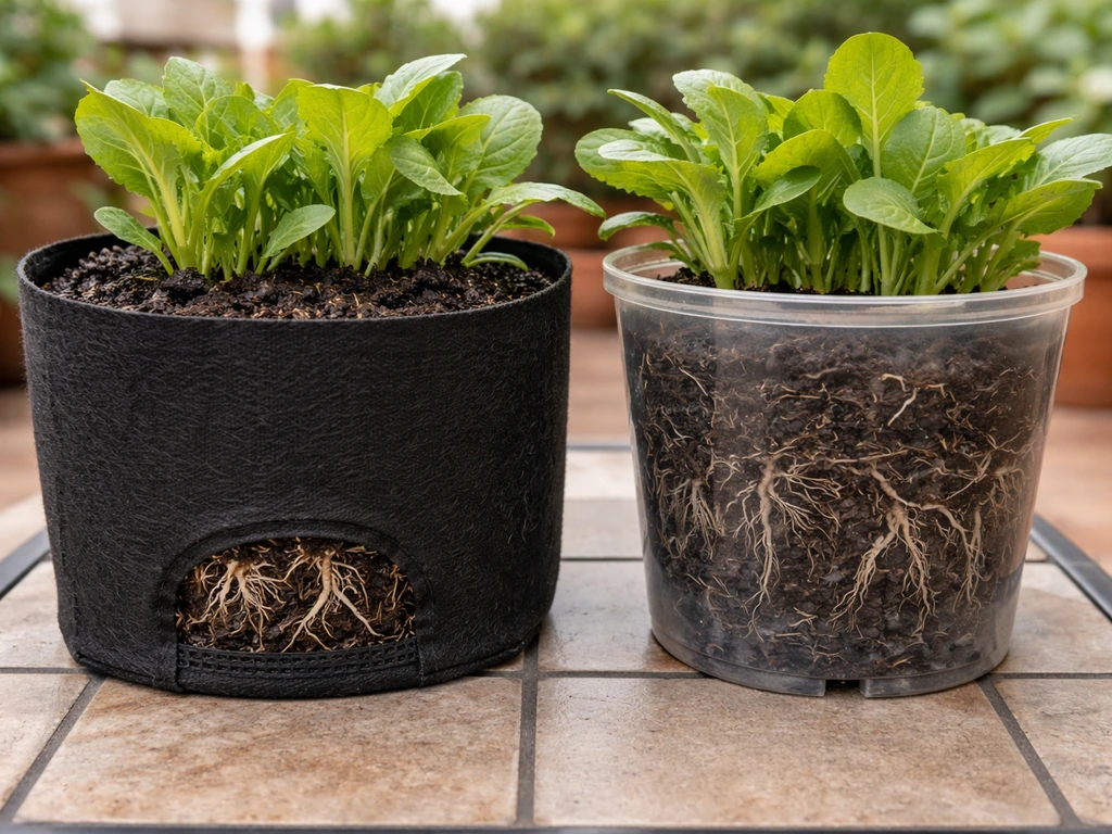 Side-by-side fabric grow bag and plastic pot showing healthier vs more crowded root-zone outdoors.