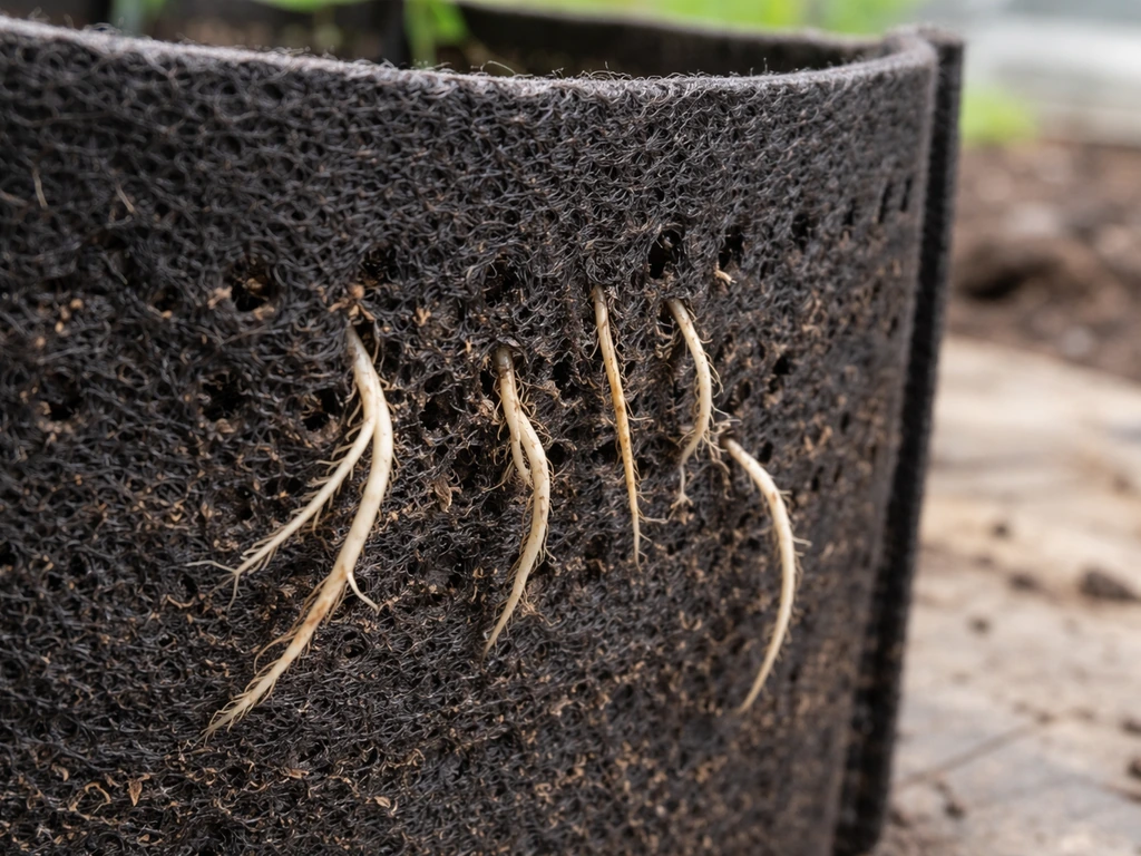 Close-up of a porous fabric grow bag with roots touching the wall and curving back for air-pruning.