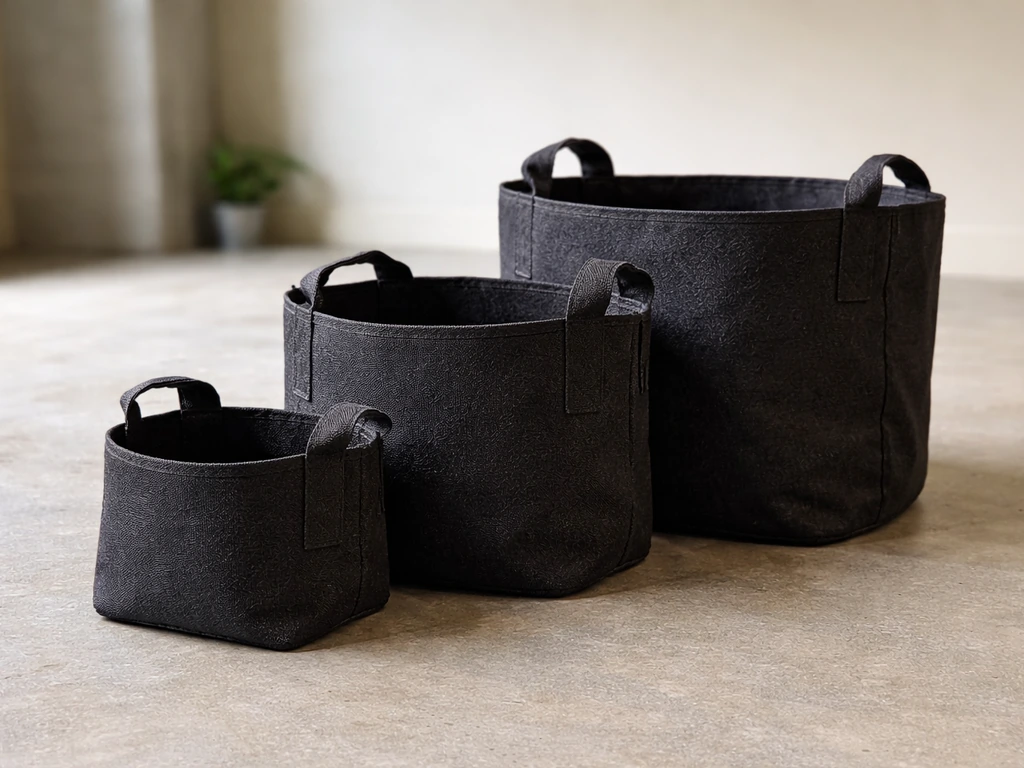 A close-up of several empty grow bags in different sizes showing clear height and capacity differences