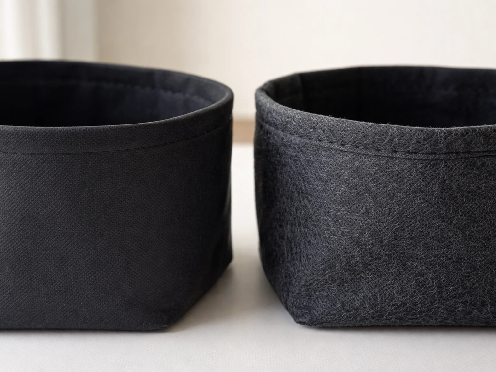 Close-up of two nonwoven grow bag fabrics showing thin vs thick felt texture and edge construction.