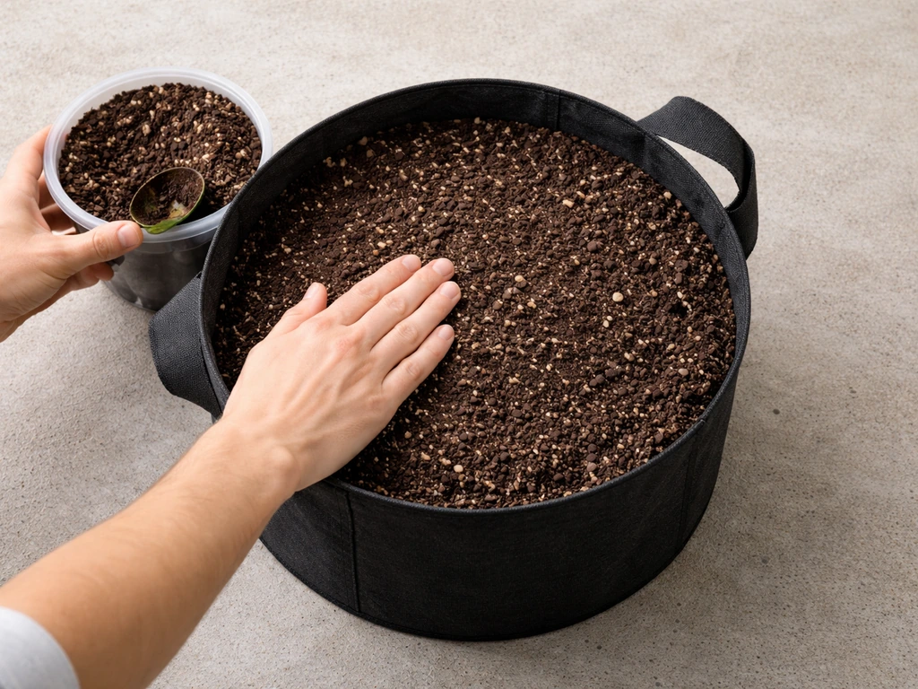 Top-down view of a hand filling a grow bag with dark potting mix and leveling the surface.