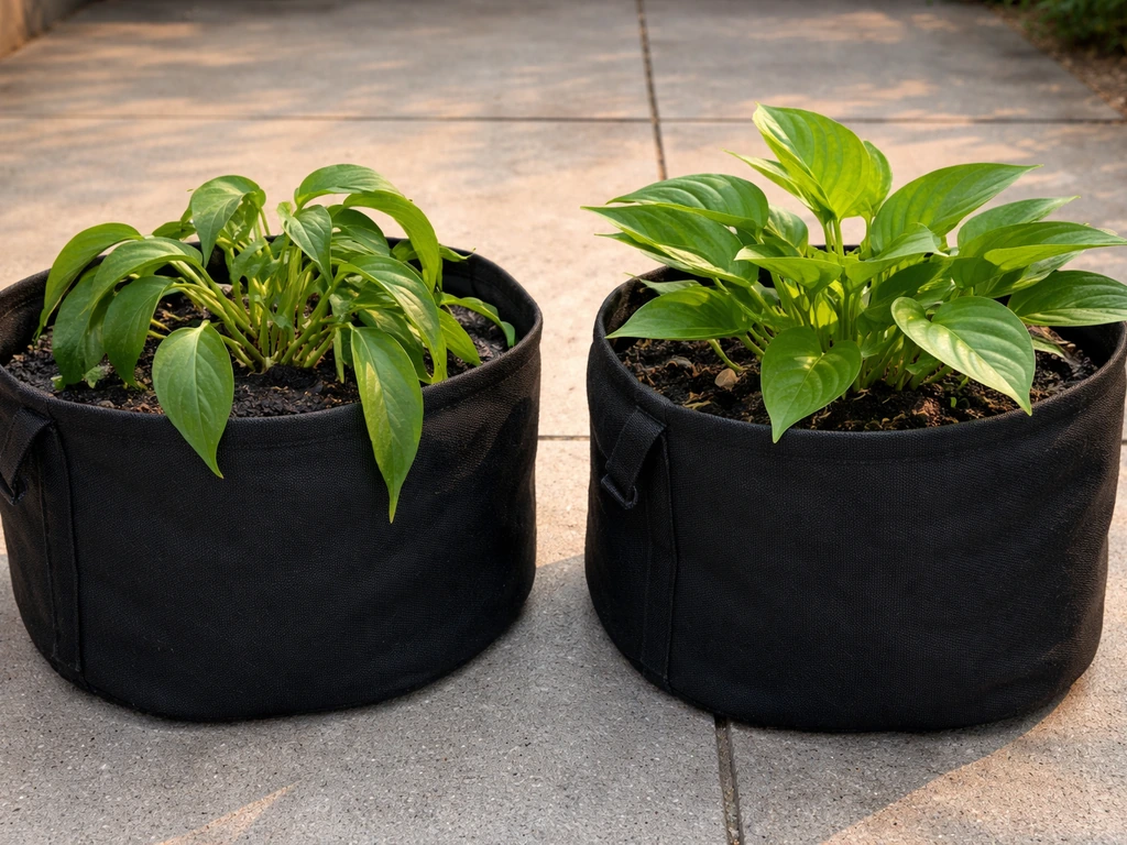 Wilting plant in a fabric grow bag beside a healthier plant after being moved to avoid heat stress.