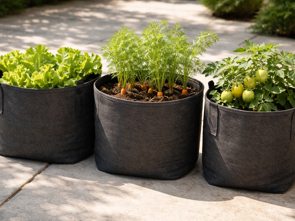 Fabric grow bags on a sunny patio, each planted with different vegetables.