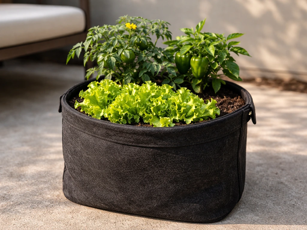 Patio grow bag filled with thriving lettuce and compact tomato and pepper plants.