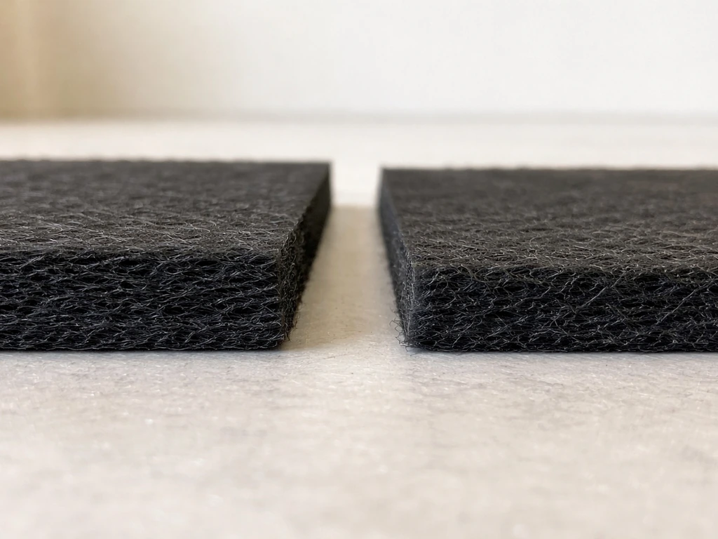 Side-by-side cutaway cross-sections of thick vs light nonwoven grow bag fabric felt on a clean surface.