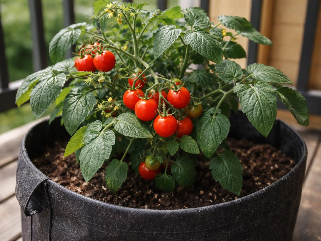 Ripe cherry tomatoes hanging on a single plant growing in a fabric grow bag