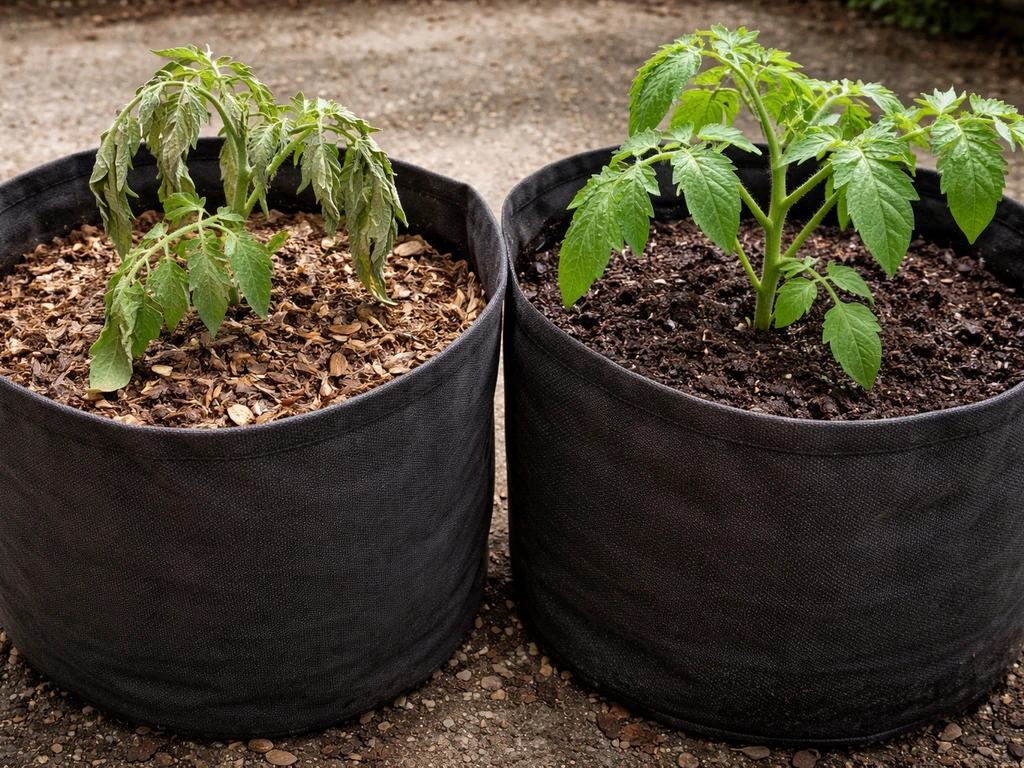 Wilting tomato plant in a dry grow bag beside another bag with dark, freshly rehydrated soil.