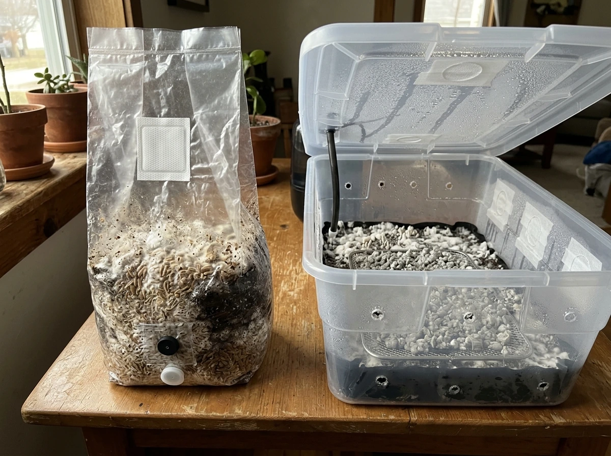 Grow bag and monotub side-by-side showing two common home mushroom setups