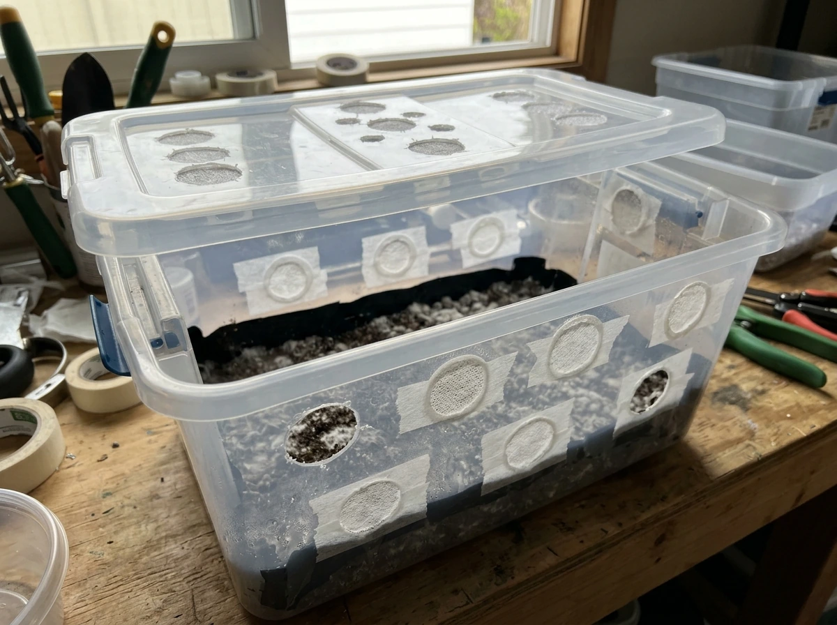 Bin with drilled fresh-air holes and fitted filter patches for monotub setup