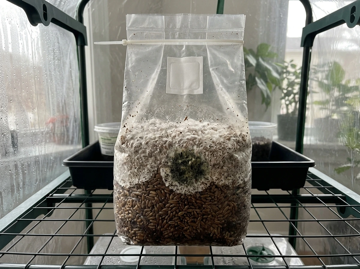 AIO grow bag showing visible contamination through the bag (isolated view)